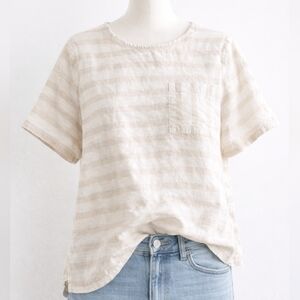 Liz Claiborne Linen Striped Top | Medium | Neutral Summer